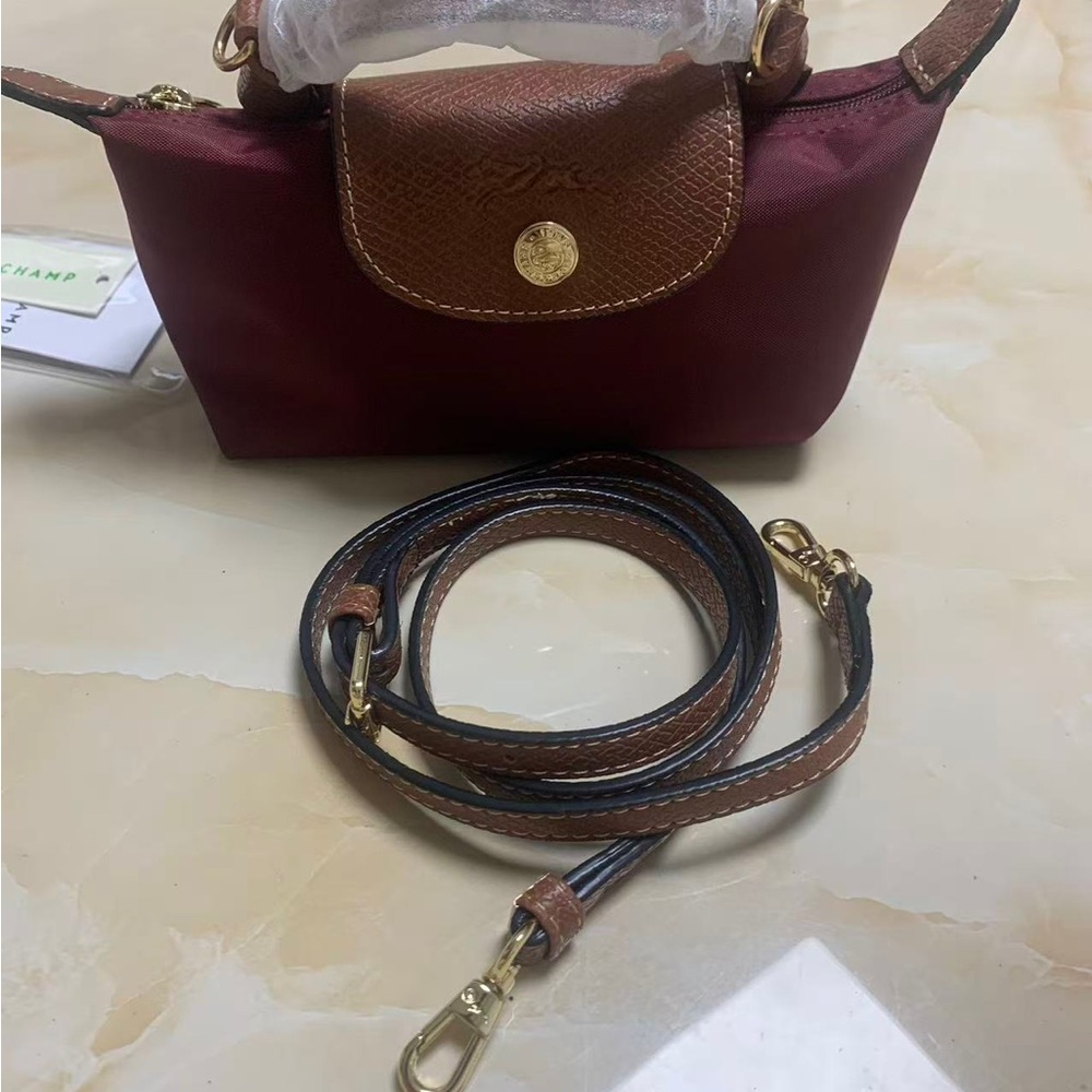 Longchamp Le Pliage Small Burgundy Nylon Crossbody with Brown Trim